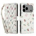 Étui portefeuille iPhone 17 Pro Max à motif floral rhombique - Roses