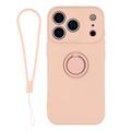 Coque iPhone 18 Pro en silicone liquide avec anneau de maintien et dragonne - Rose
