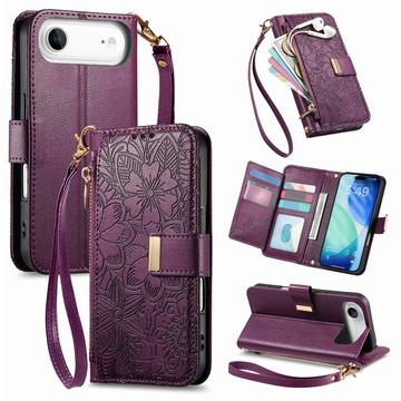 Etui iPhone Air à motifs floraux et de feuilles avec pochette zippée et dragonne - Violet